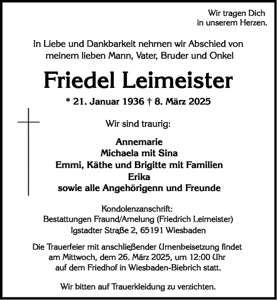 Traueranzeige von Friedel Leimeister von Wiesbadener Kurier