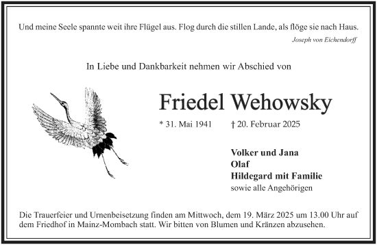 Traueranzeige von Friedel Wehowsky von Allgemeine Zeitung Mainz