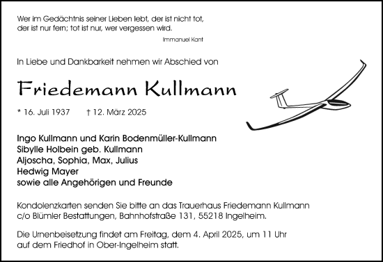 Traueranzeige von Friedemann Kullmann von Allgemeine Zeitung Rheinhessen-Nahe