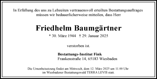 Traueranzeige von Friedhelm Baumgärtner von Wiesbadener Kurier