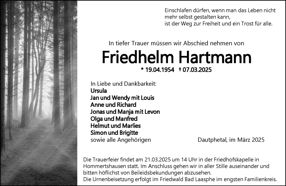  Traueranzeige für Friedhelm Hartmann vom 18.03.2025 aus Hinterländer Anzeiger