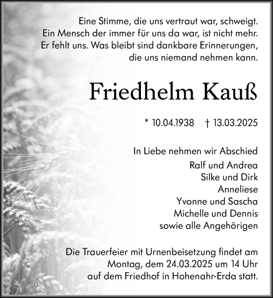 Traueranzeige von Friedhelm Kauß von Wetzlarer Neue Zeitung