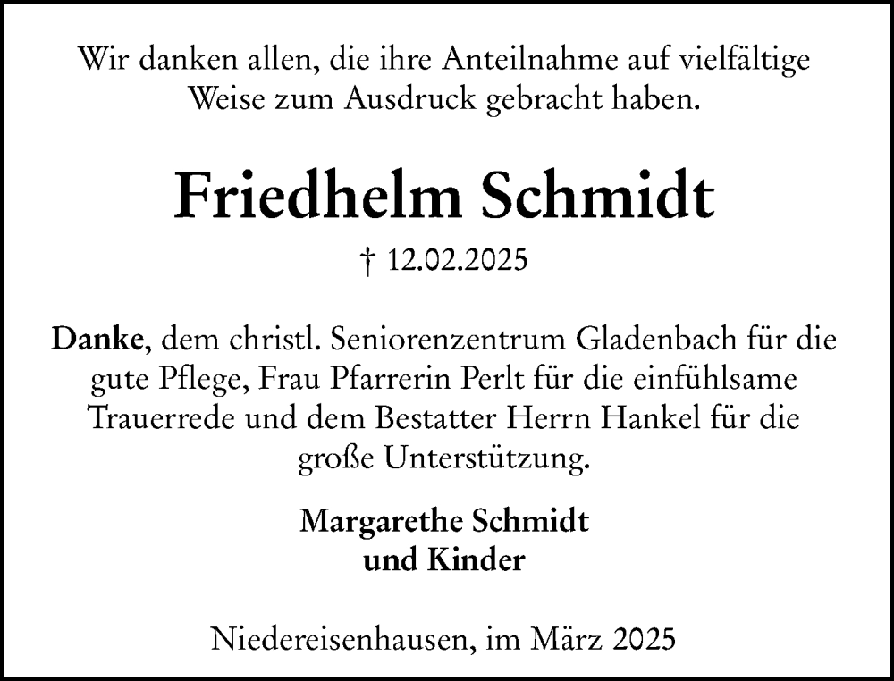  Traueranzeige für Friedhelm Schmidt vom 15.03.2025 aus Hinterländer Anzeiger
