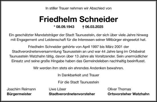 Traueranzeige von Friedhelm Schneider von Idsteiner Land/Untertaunus