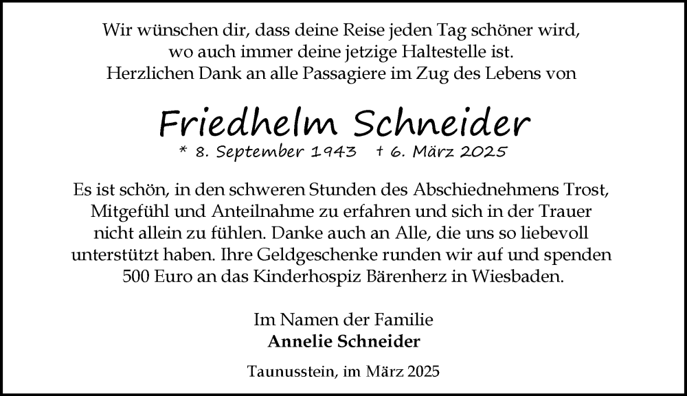  Traueranzeige für Friedhelm Schneider vom 29.03.2025 aus Idsteiner Land/Untertaunus