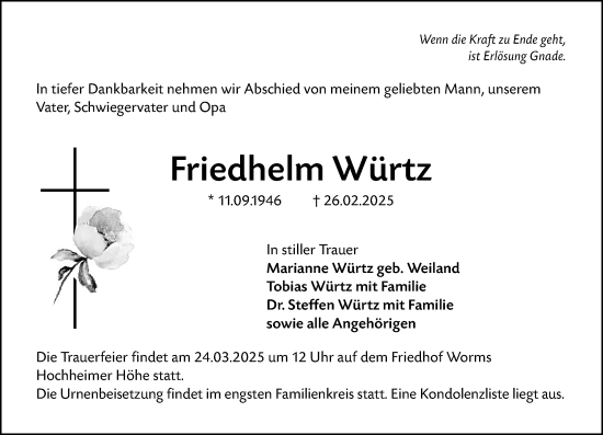 Traueranzeige von Friedhelm Würtz von Wormser Zeitung