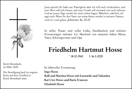 Traueranzeige von Friedhelm Hartmut Hosse von Odenwälder Echo