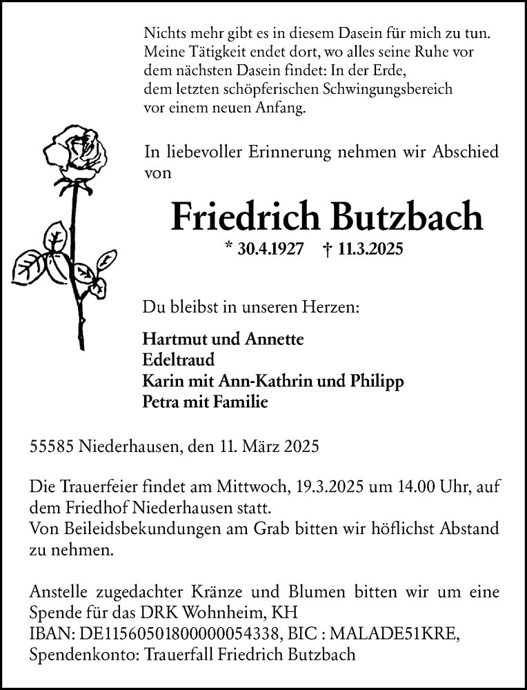  Traueranzeige für Friedrich Butzbach vom 14.03.2025 aus Allgemeine Zeitung Rheinhessen-Nahe