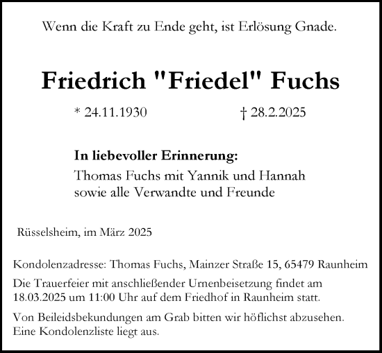 Traueranzeige von Friedrich Fuchs von Rüsselsheimer Echo