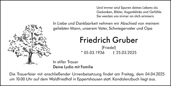Traueranzeige von Friedrich Gruber von Darmstädter Echo