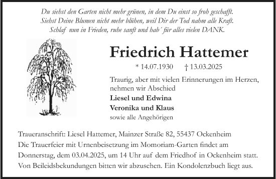 Traueranzeige von Friedrich Hattemer von Allgemeine Zeitung Rheinhessen-Nahe
