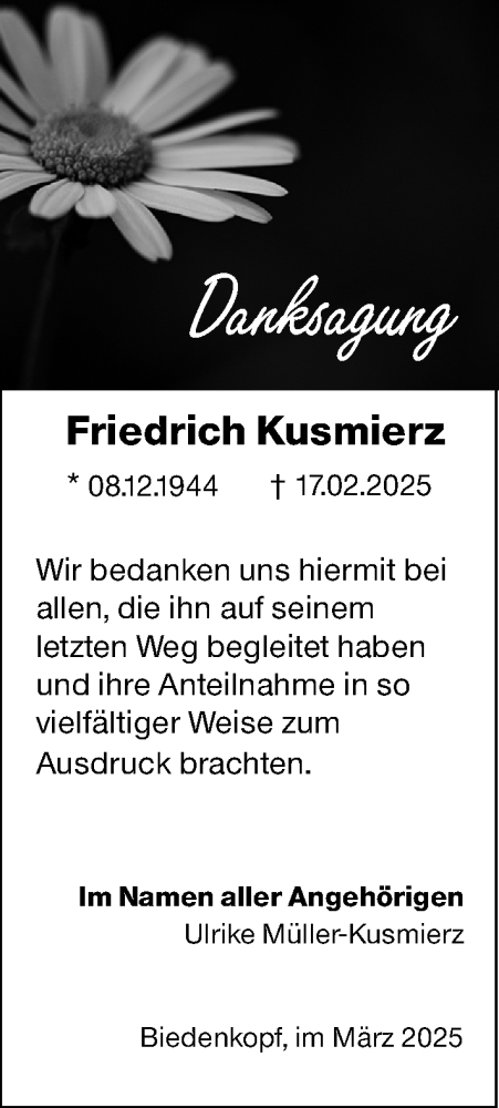  Traueranzeige für Friedrich Kusmierz vom 29.03.2025 aus Hinterländer Anzeiger