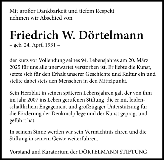 Traueranzeige von Friedrich W. Dörtelmann von Allgemeine Zeitung Rheinhessen-Nahe