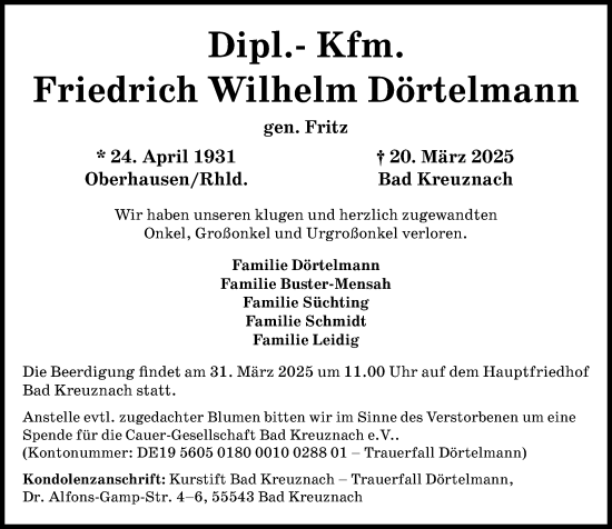 Traueranzeige von Friedrich Wilhelm Dörtelmann von Allgemeine Zeitung Rheinhessen-Nahe