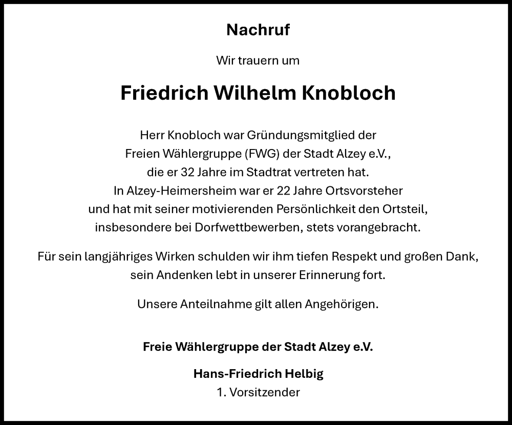  Traueranzeige für Friedrich Wilhelm Knobloch vom 22.03.2025 aus Allgemeine Zeitung Alzey
