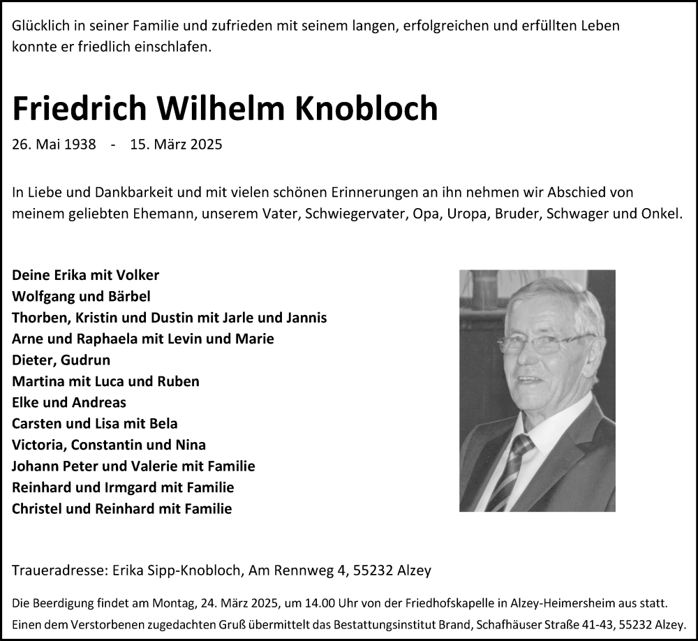  Traueranzeige für Friedrich Wilhelm Knobloch vom 19.03.2025 aus Allgemeine Zeitung Alzey