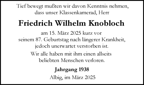 Traueranzeige von Friedrich Wilhelm Knobloch von Allgemeine Zeitung Alzey