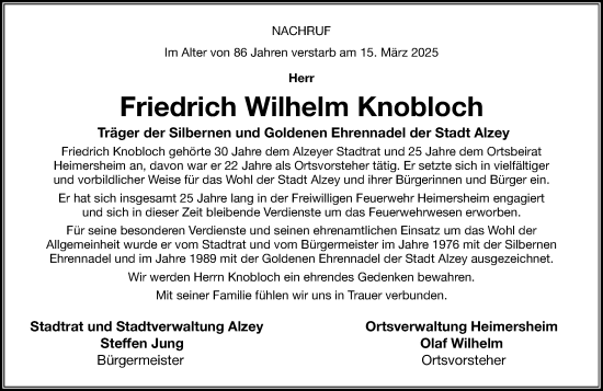 Traueranzeige von Friedrich Wilhelm Knobloch von Allgemeine Zeitung Alzey