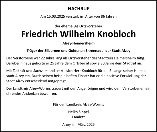 Traueranzeige von Friedrich Wilhelm Knobloch von Allgemeine Zeitung Alzey