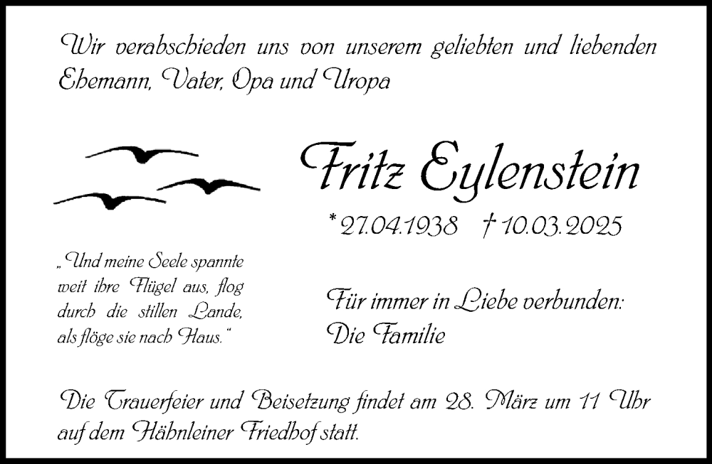  Traueranzeige für Fritz Eylenstein vom 15.03.2025 aus Darmstädter Echo
