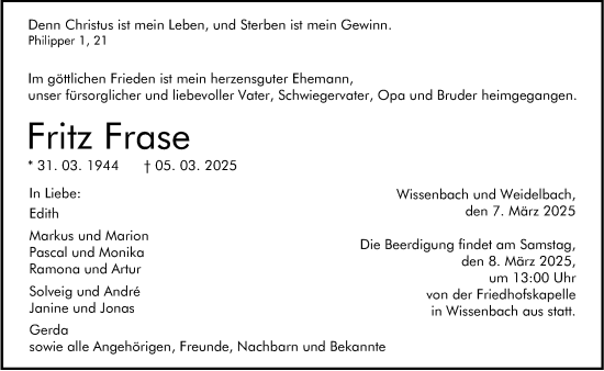 Traueranzeige von Fritz Frase von Dill Block