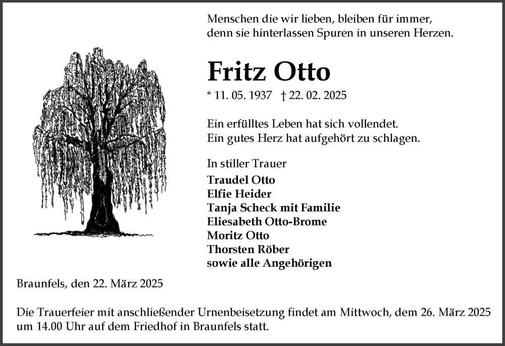  Traueranzeige für Fritz Otto vom 22.03.2025 aus Wetzlarer Neue Zeitung