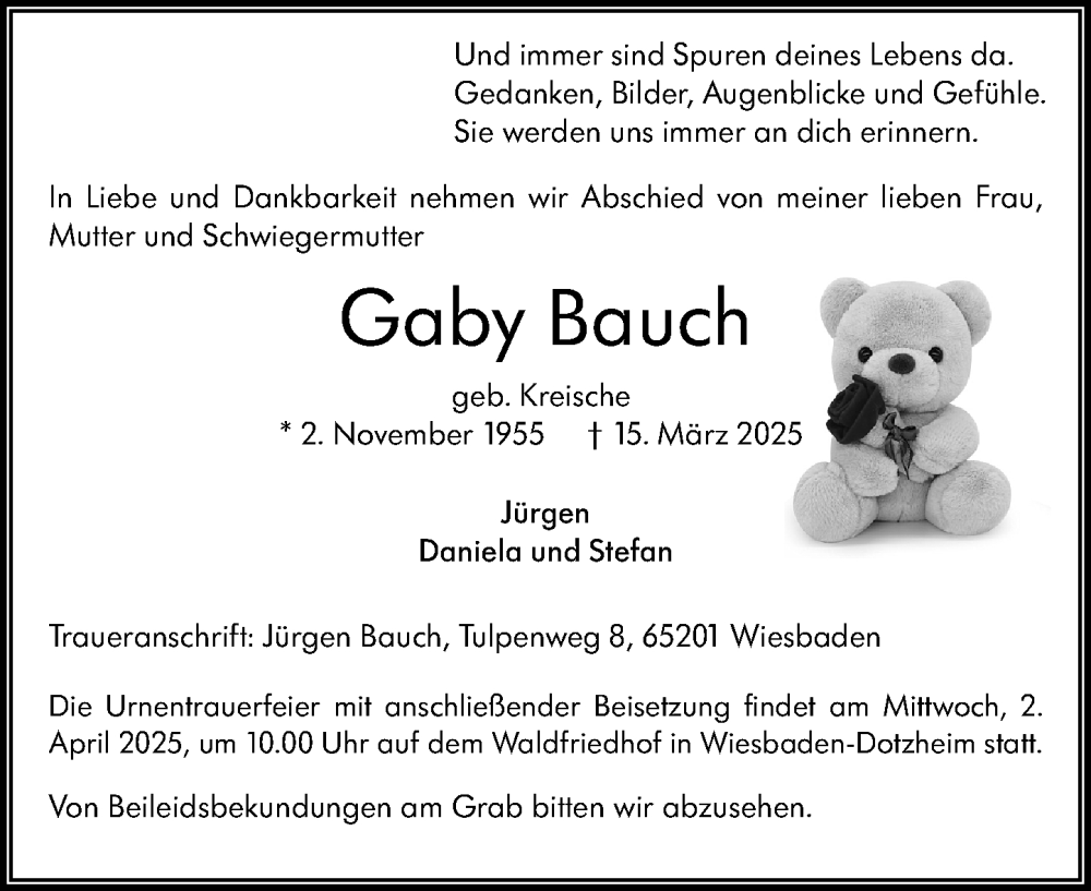  Traueranzeige für Gaby Bauch vom 22.03.2025 aus Wiesbadener Kurier