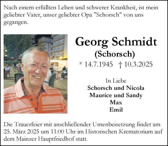 Traueranzeige von Georg Schmidt von Allgemeine Zeitung Mainz