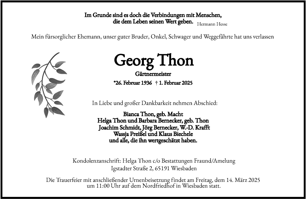  Traueranzeige für Georg Thon vom 01.03.2025 aus Wiesbadener Kurier