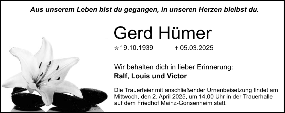  Traueranzeige für Gerd Hümer vom 29.03.2025 aus Allgemeine Zeitung Mainz