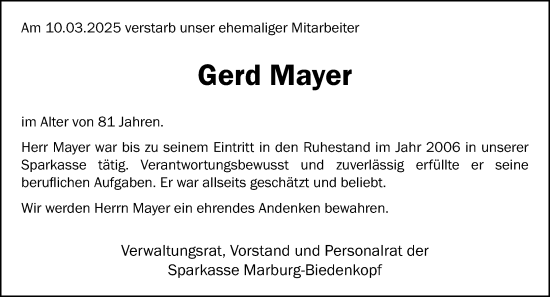 Traueranzeige von Gerd Mayer von Hinterländer Anzeiger