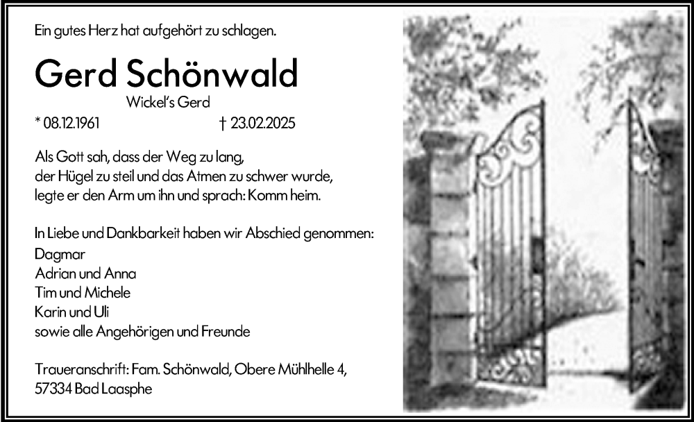  Traueranzeige für Gerd Schönwald vom 12.03.2025 aus Hinterländer Anzeiger