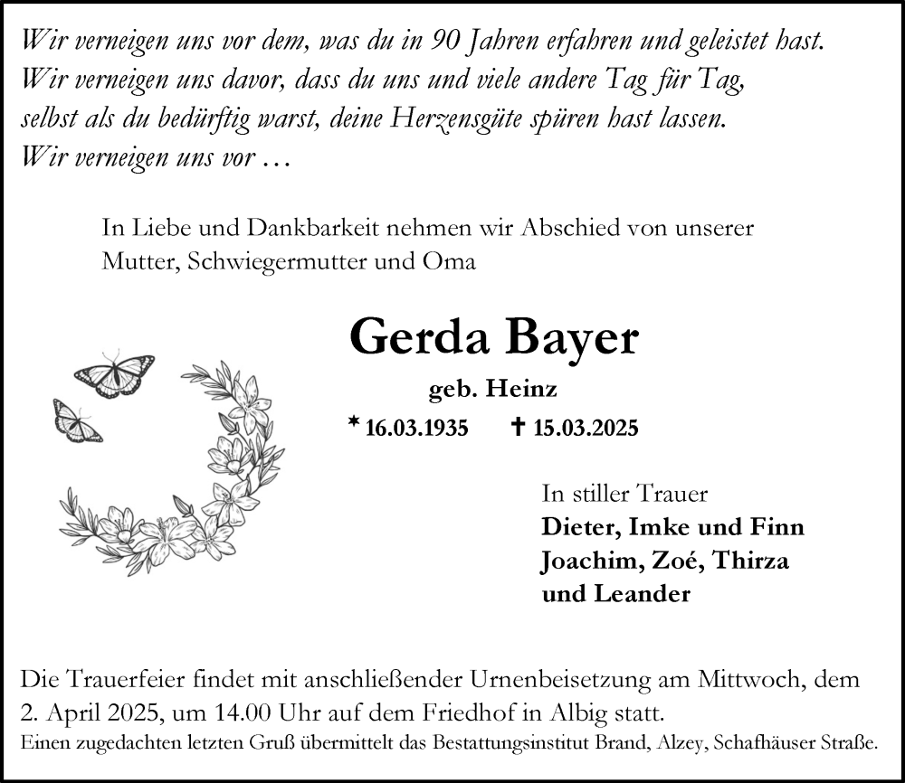  Traueranzeige für Gerda Bayer vom 22.03.2025 aus Allgemeine Zeitung Alzey