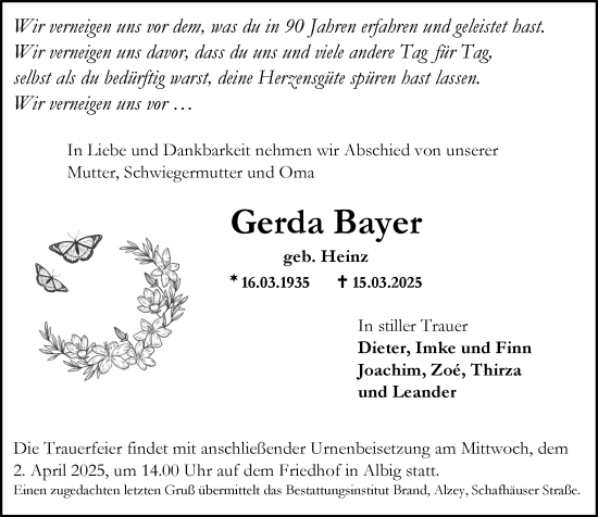 Traueranzeige von Gerda Bayer von Allgemeine Zeitung Alzey