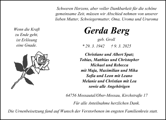 Traueranzeige von Gerda Berg von Odenwälder Echo