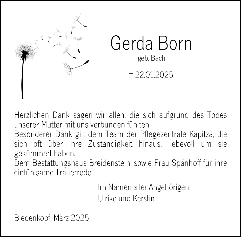  Traueranzeige für Gerda Born vom 06.03.2025 aus Hinterländer Anzeiger