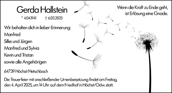 Traueranzeige von Gerda Hallstein von Odenwälder Echo