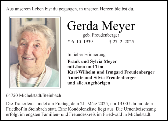 Traueranzeige von Gerda Meyer von Odenwälder Echo