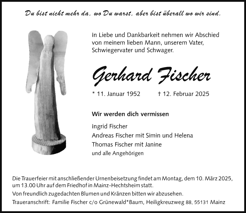  Traueranzeige für Gerhard Fischer vom 01.03.2025 aus Allgemeine Zeitung Mainz