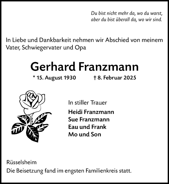 Traueranzeige von Gerhard Franzmann von Rüsselsheimer Echo