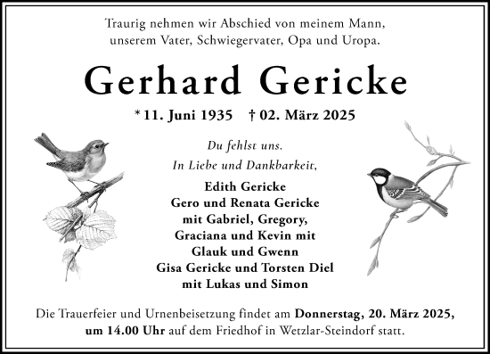 Traueranzeige von Gerhard Gericke von Wetzlarer Neue Zeitung