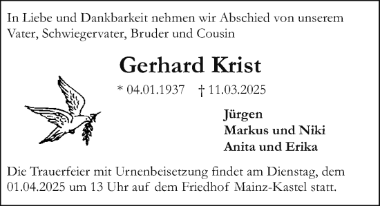 Traueranzeige von Gerhard Krist von Wiesbadener Kurier