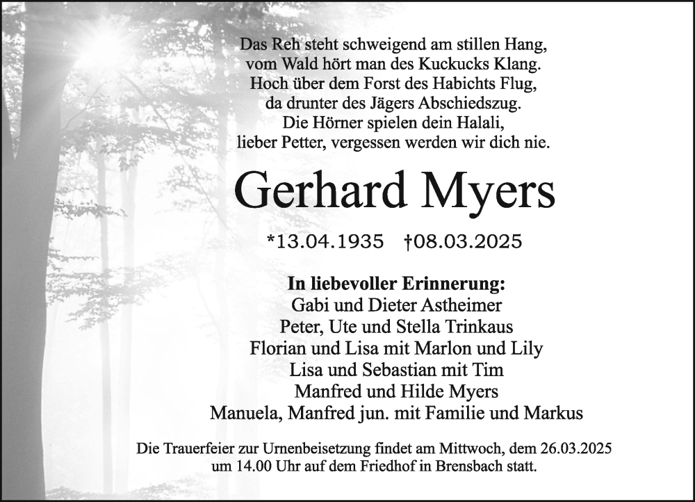 Traueranzeige für Gerhard Myers vom 22.03.2025 aus Odenwälder Echo