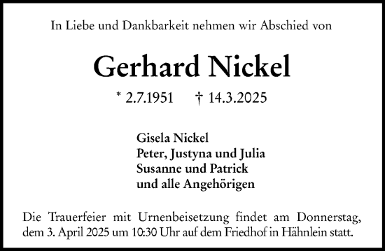 Traueranzeige von Gerhard Nickel von Darmstädter Echo