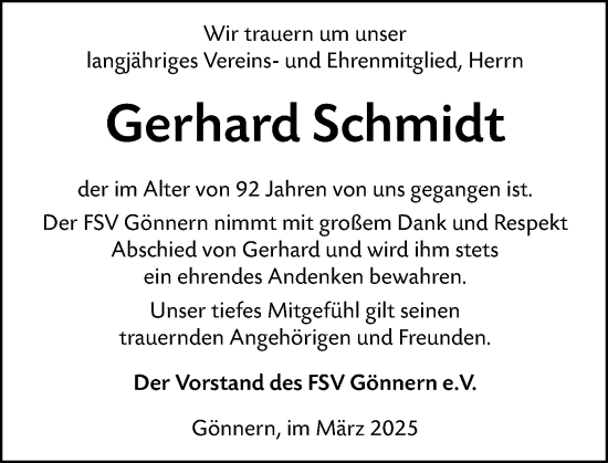 Traueranzeige von Gerhard Schmidt von Hinterländer Anzeiger