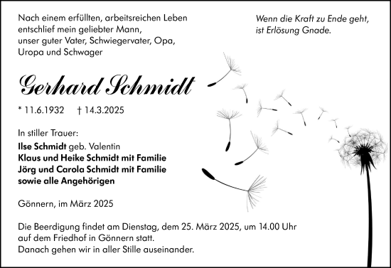Traueranzeige von Gerhard Schmidt von Hinterländer Anzeiger