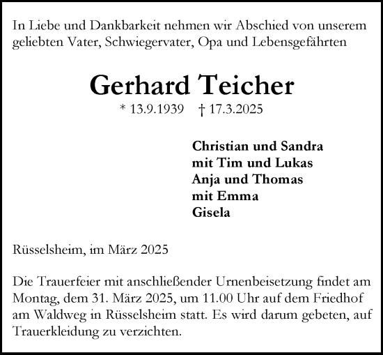 Traueranzeige von Gerhard Teicher von Rüsselsheimer Echo