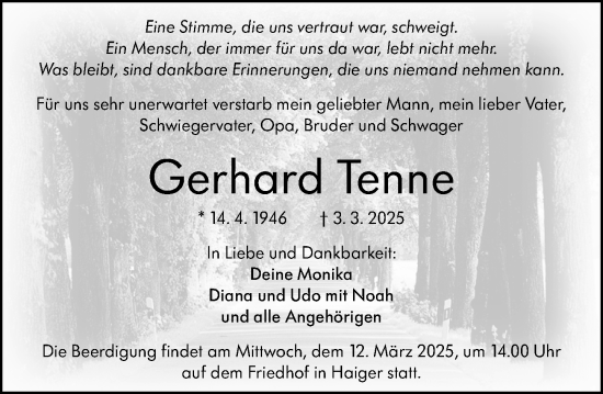 Traueranzeige von Gerhard Tenne von Dill Block