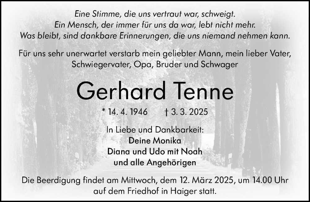  Traueranzeige für Gerhard Tenne vom 07.03.2025 aus Dill Block