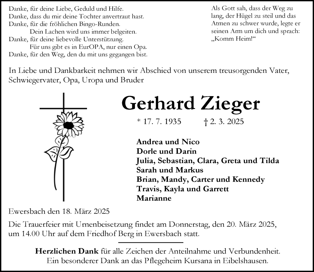  Traueranzeige für Gerhard Zieger vom 18.03.2025 aus Dill Block